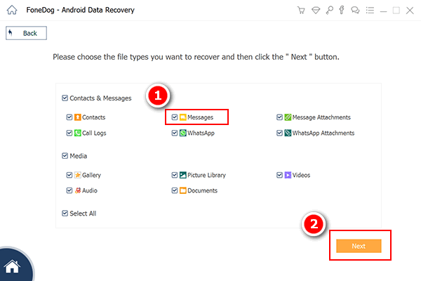 Recupera messaggi di testo eliminati su Samsung S22 Ultra con FoneDog Android Data Recovery: scegli Messaggi