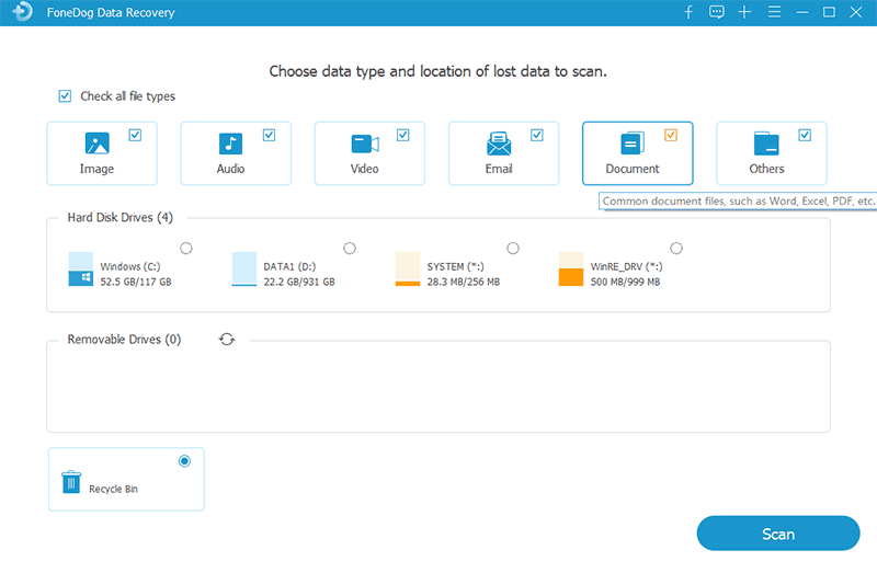 Recupera il file PowerPoint non salvato: FoneDog Data Recovery - Seleziona il tipo di file