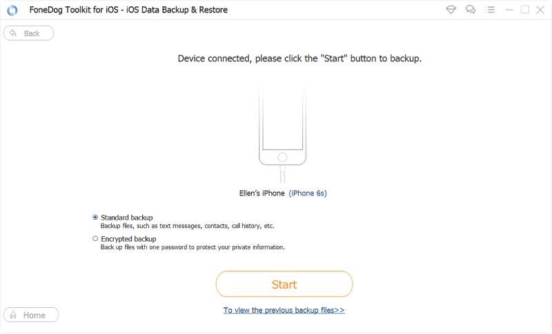 Backup dei messaggi di testo dell'iPhone utilizzando FoneDog Backup e ripristino dei dati iOS: Avvia