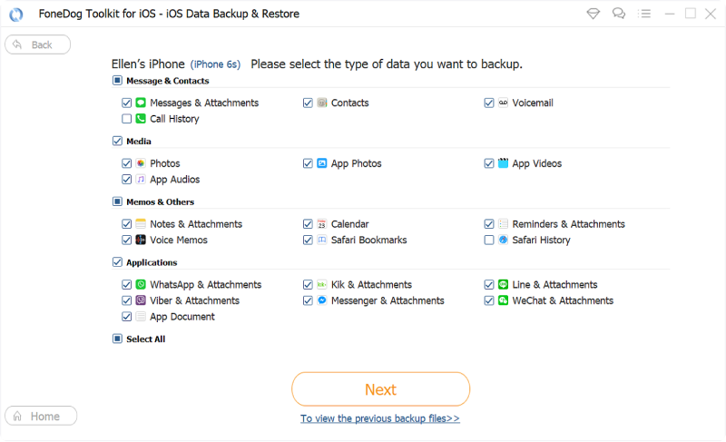 seleziona il tipo di file per il backup