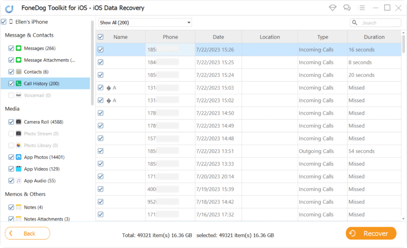 Recupera la cronologia delle chiamate cancellate su iPhone senza backup utilizzando FoneDog iOS Data Recovery