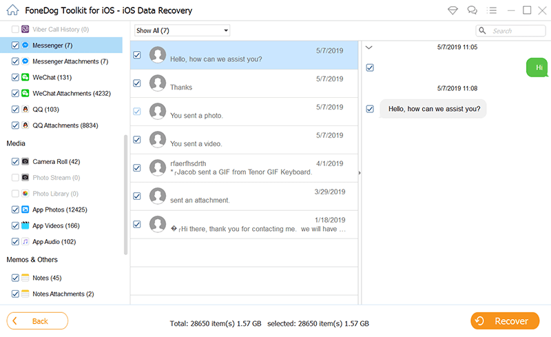 Utilizza FoneDog iOS Data Recovery per vedere i messaggi eliminati su Messenger