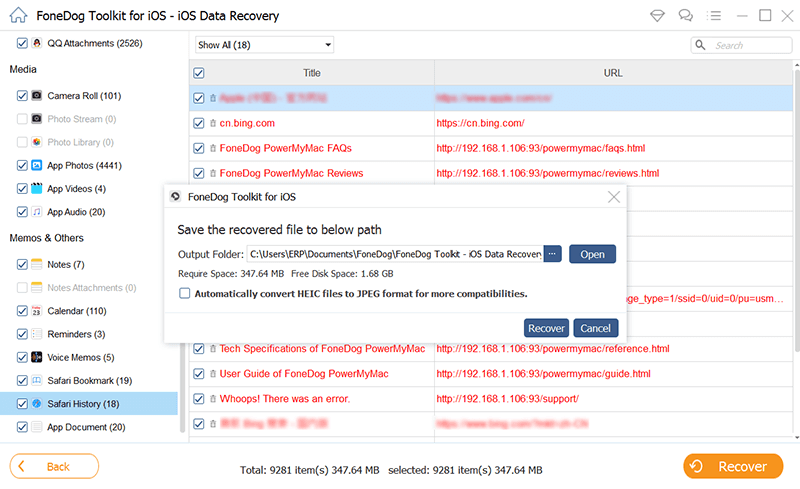 Recupera la cronologia Safari cancellata dall'iPad: FoneDog iOS Data Recovery - Ripristina