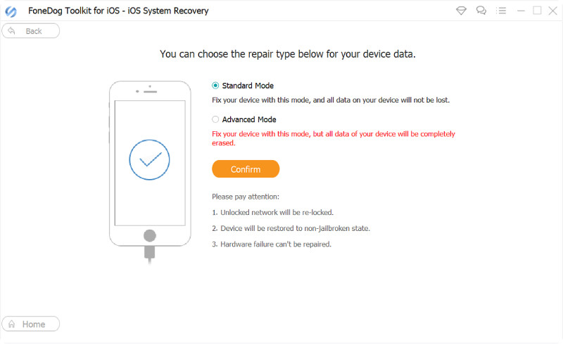 Risolvi il problema "Il touch screen dell'iPad non risponde": Ripristino del sistema iOS FoneDog: scegli la modalità
