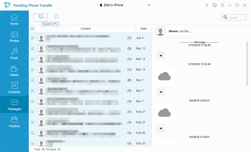 Esporta la conversazione iMessage e trasferiscila su un altro dispositivo: Trasferimento telefonico FoneDog - Esporta