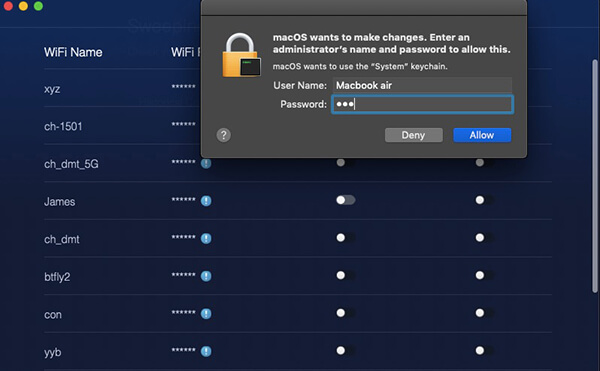 sweep della rete wifi inserire il passcode