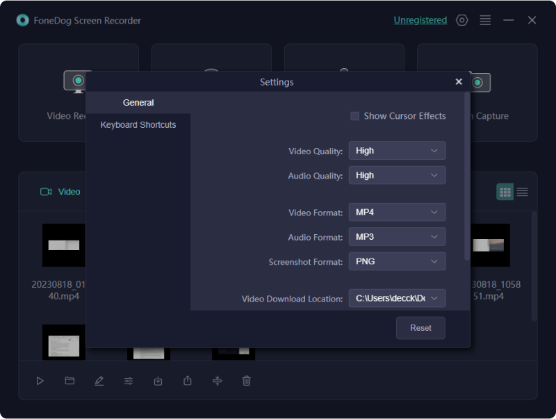 Registra uno streaming live su PC - FoneDog Screen Recorder: Impostazioni