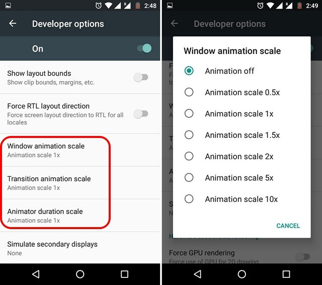 Android Disabilita animazione