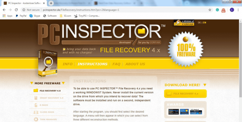 Sito Web ufficiale di PC Inspector File Recovery