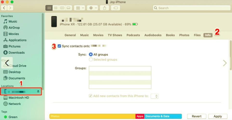 Sincronizza dai contatti iPhone al Mac con Finder