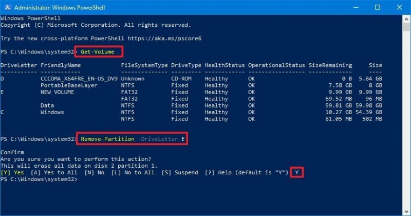 Windows Elimina partizione utilizzando Windows PowerShell