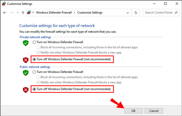 Seleziona Disattiva Windows Defender Firewall