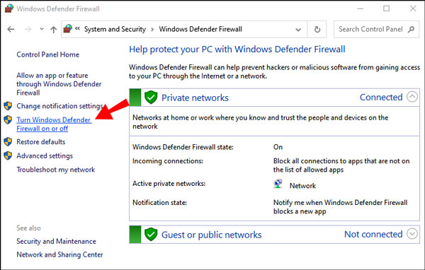 Fare clic su Attiva o disattiva Windows Defender Firewall