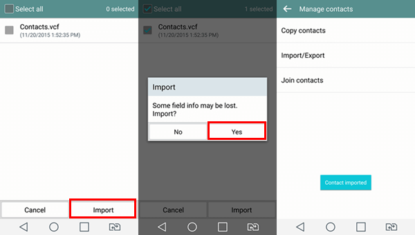 Seleziona Contatti Android da importare