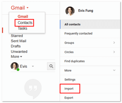 Imposta importazione contatti Gmail