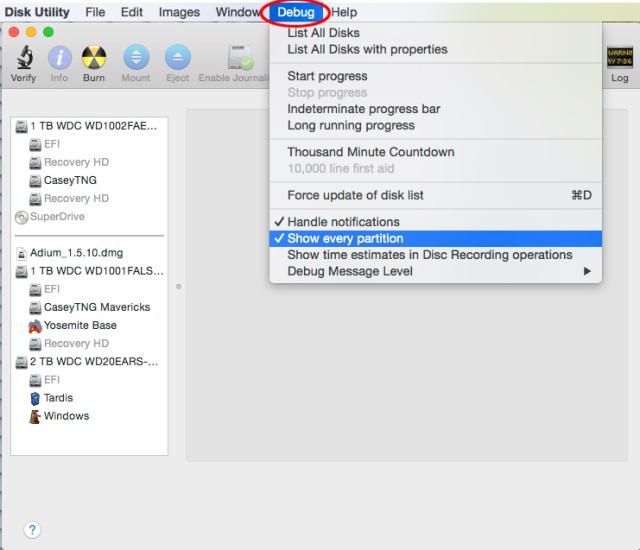 Menu di debug (OS X Yosemite)