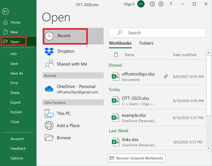 Recupera file Excel non salvato su Windows da file recenti