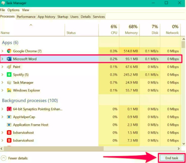 Attiva il ripristino automatico tramite Task Manager per recuperare MS Word