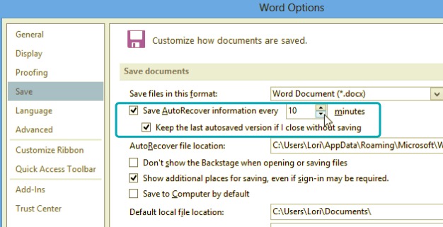 Attiva il salvataggio automatico su MS Word 2013 per evitare di chiudere Word senza salvare