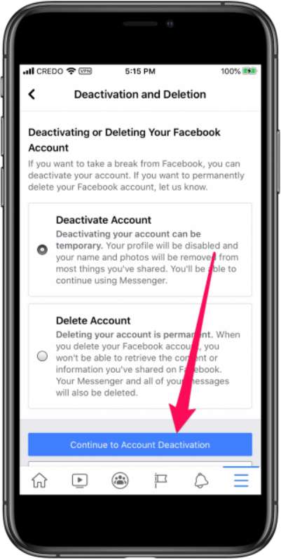 Scegli Continua alla disattivazione dell'account dopo aver disattivato l'account in Facebook