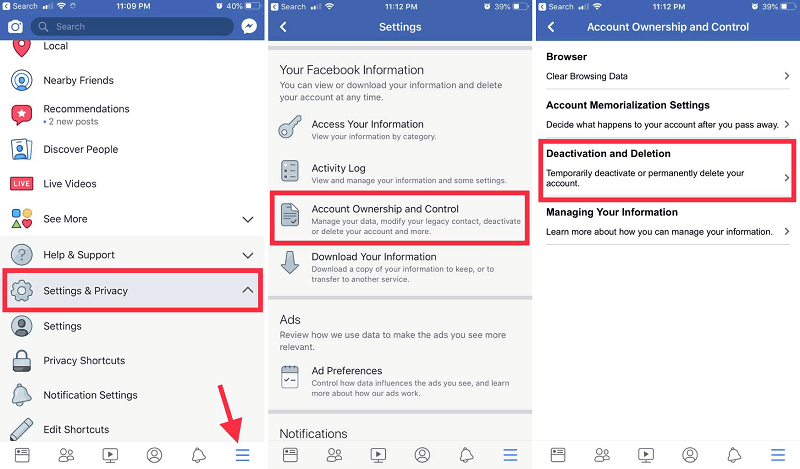 Scegli Disattivazione ed eliminazione in Proprietà e controllo dell'account in Facebook