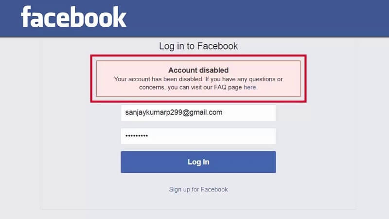 Account Facebook disabilitato