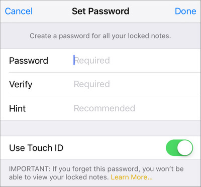 Imposta la password delle note iOS 11