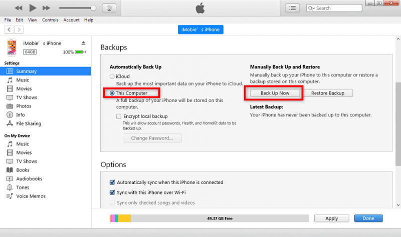 Esegui il backup dei messaggi di testo dell'iPhone utilizzando iTunes