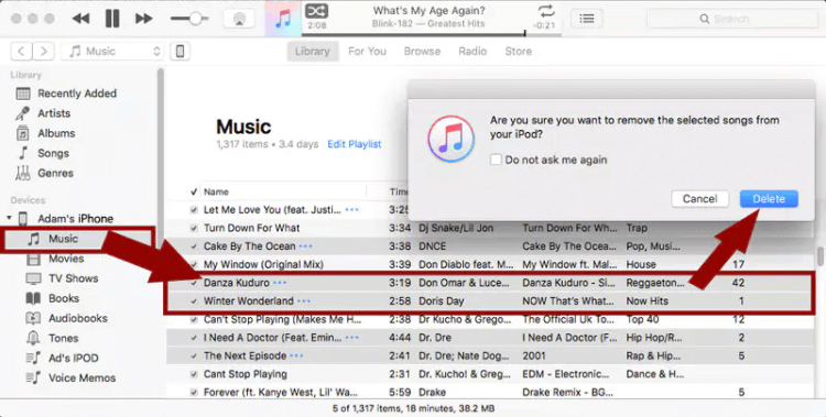 Come posso eliminare manualmente i brani dall'iPod in iTunes