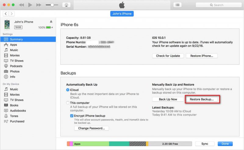 iTunes Restore Backup per recuperare conversazioni cancellate su iPhone