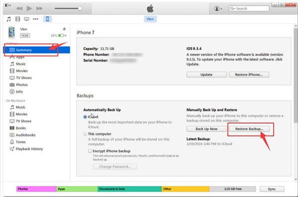 Recupera messaggi di testo eliminati (iPhone 7) utilizzando iTunes