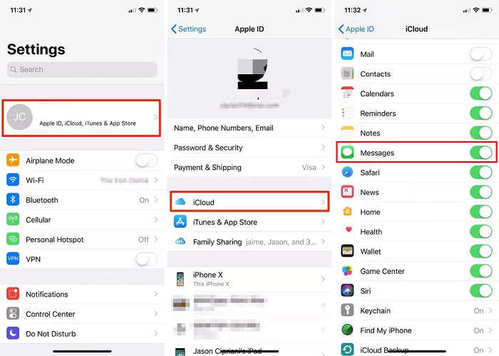 Backup dei messaggi di testo su iPhone tramite iCloud