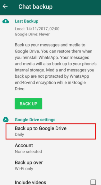 Controlla il backup locale di WhatsApp