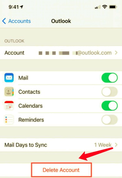 Elimina l'account Outlook e configuralo di nuovo per risolvere il problema con Outlook che non funziona su iPhone