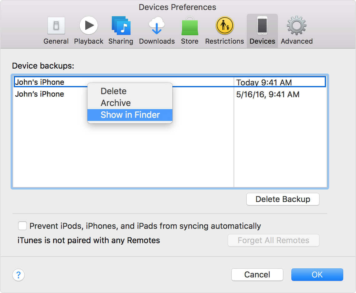 Mostra backup di iTunes