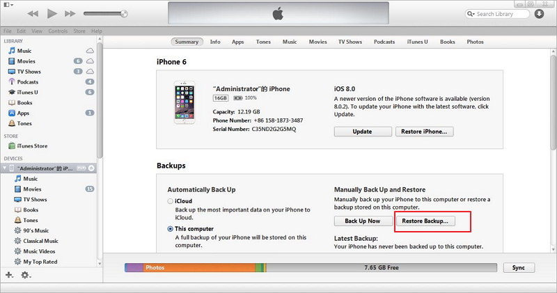 Ripristina il backup di iTunes su iPhone