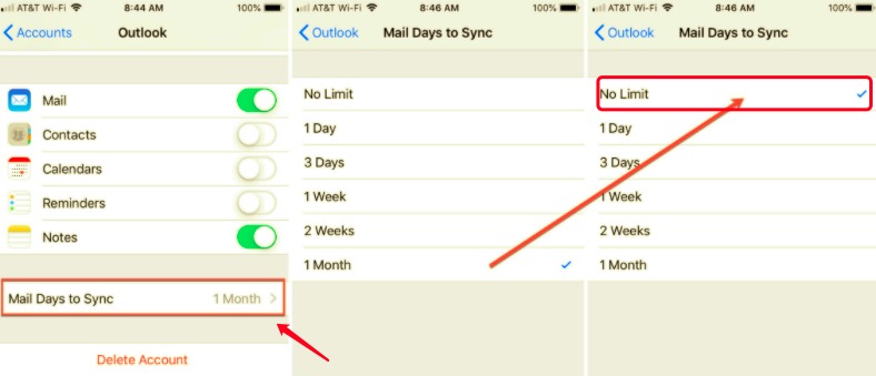 Controlla i giorni di posta per sincronizzare le impostazioni per risolvere il problema con Hotmail che non funziona su iPhone
