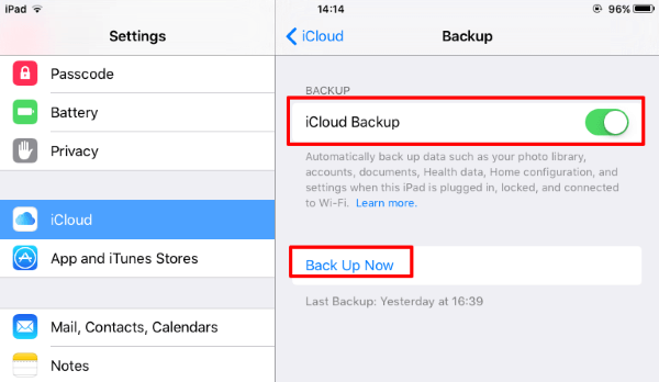 Esegui il backup dei vecchi dati dell'iPad su iCloud