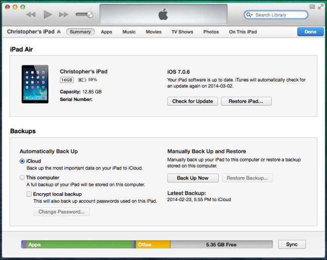 Esegui il backup del mio iPad utilizzando iTunes