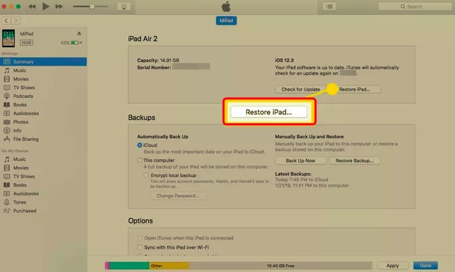 Ripristina iPad senza password iCloud tramite iTunes