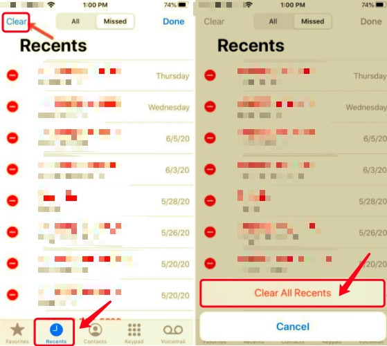 Rimuovi le chiamate recenti da iPhone