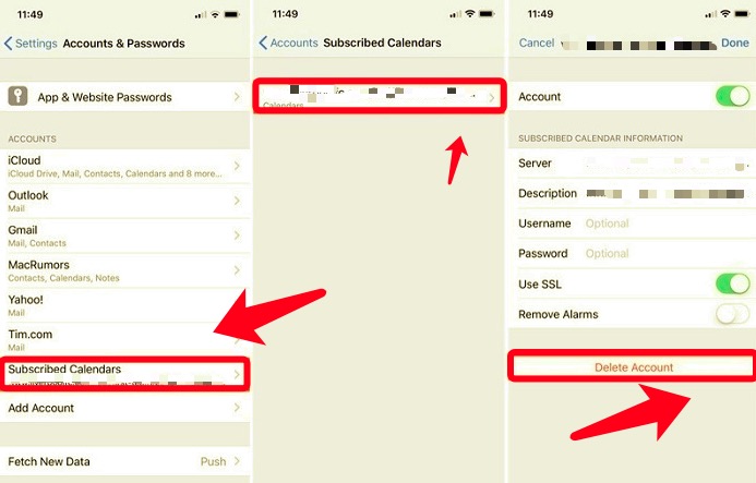 Elimina gli eventi del calendario iscritti tramite Impostazioni su iPhone