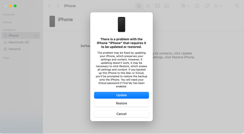 Utilizzo del Finder per cancellare l'iPhone bloccato