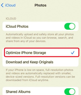 Attiva Ottimizza spazio di archiviazione iPhone per risolvere iPhone dice che non ho problemi di archiviazione