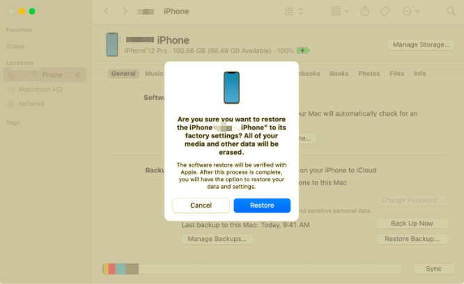 Cancella iPhone senza ID Apple nel Finder
