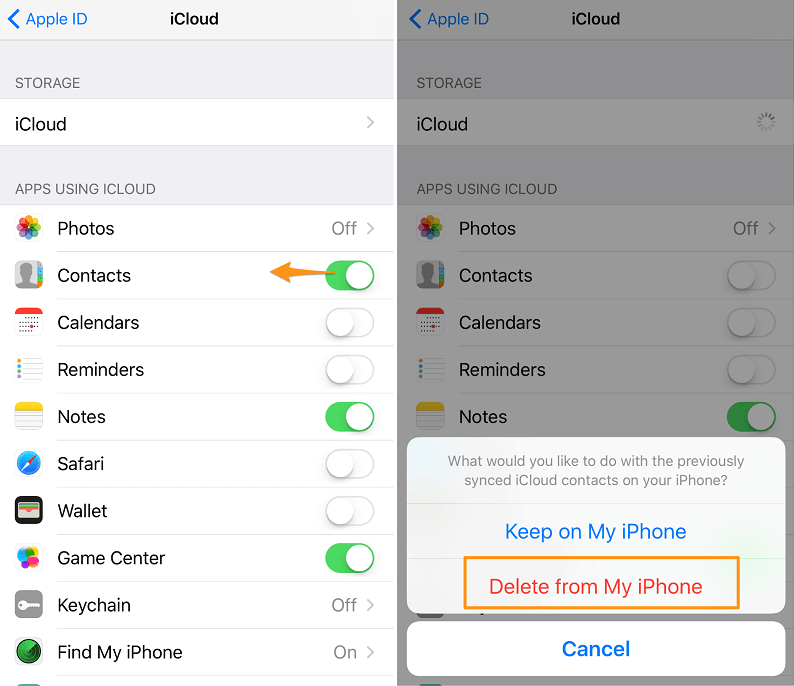Elimina manualmente i contatti su iPhone 5S tramite iCloud