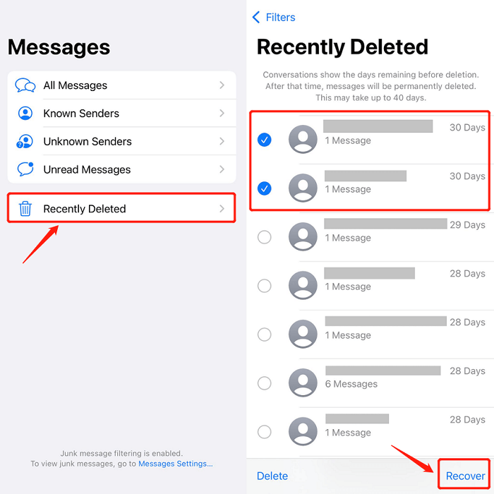Recupera i messaggi di testo eliminati su iPhone utilizzando la cartella eliminata di recente