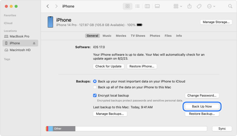 Esegui il backup dell'iPhone sul PC utilizzando il Finder