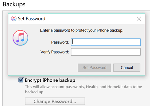 Password di backup di iTunes Imposta la password di iTunes