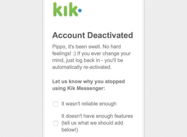 Elimina l'account Kik